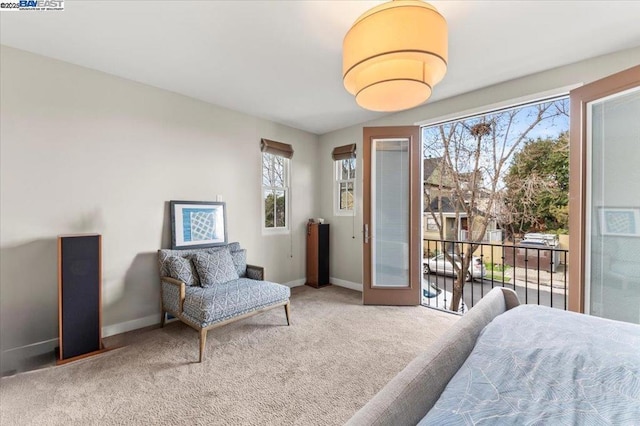 carpeted bedroom with multiple windows and access to exterior