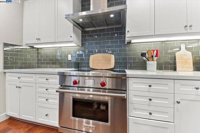 kitchen featuring range hood, white cabinetry, wood-type flooring, decorative backsplash, and designer stove