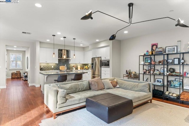 living room with wood-type flooring and sink