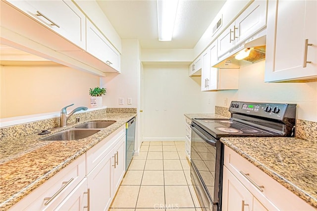 kitchen featuring stainless steel dishwasher, black electric range oven, sink, and white cabinets