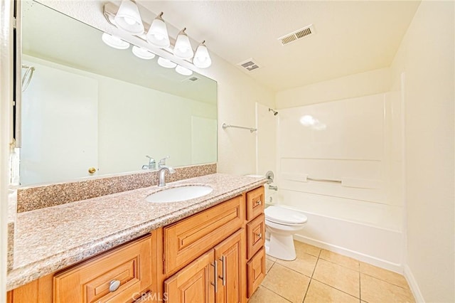 full bathroom featuring vanity, toilet, bathing tub / shower combination, and tile patterned flooring