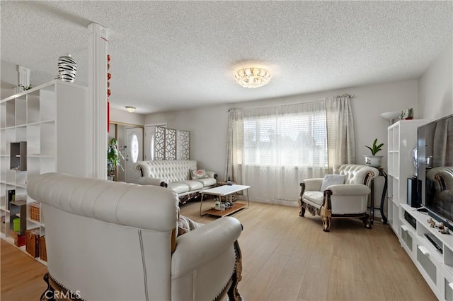 living room featuring a textured ceiling and light wood-type flooring