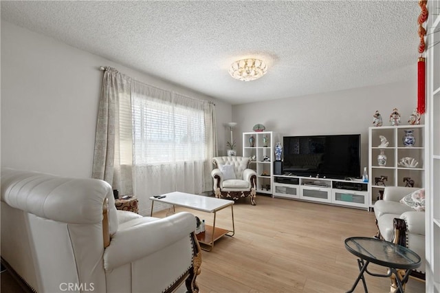 living room with hardwood / wood-style flooring and a textured ceiling