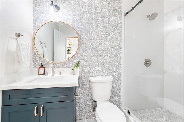 bathroom with vanity, toilet, and a shower