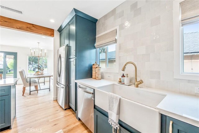 kitchen with stainless steel appliances, hanging light fixtures, light hardwood / wood-style flooring, and decorative backsplash