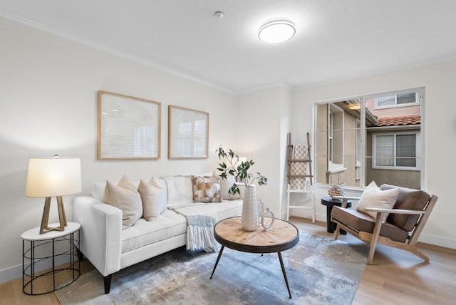 living room featuring crown molding and wood-type flooring