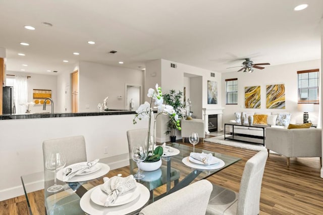 dining space featuring ceiling fan, sink, and light wood-type flooring