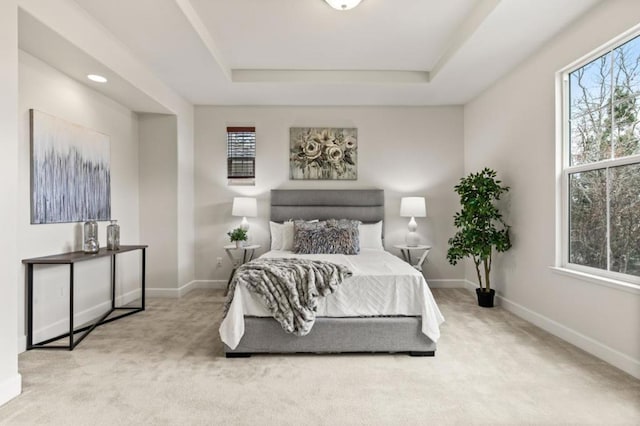 bedroom featuring carpet flooring, a raised ceiling, and multiple windows