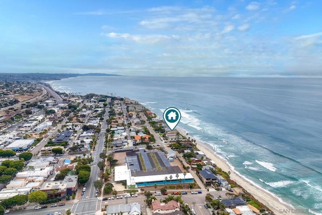 aerial view featuring a water view and a view of the beach