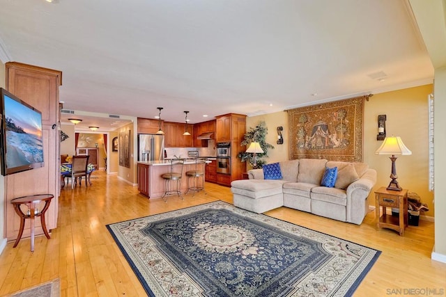 living room featuring crown molding and light hardwood / wood-style floors