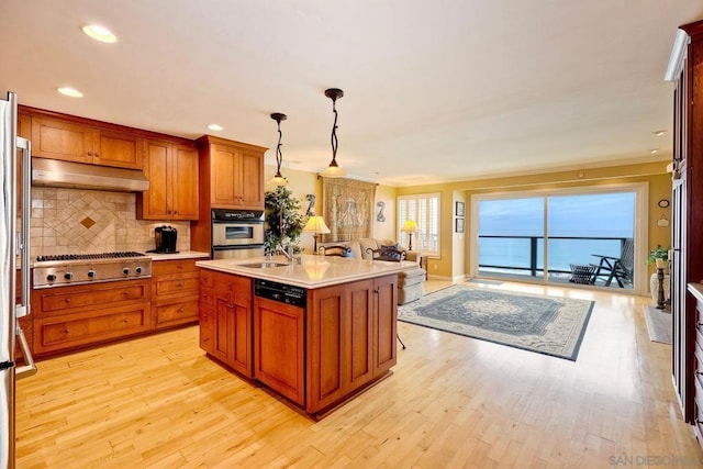 kitchen featuring tasteful backsplash, an island with sink, hanging light fixtures, stainless steel appliances, and light wood-type flooring