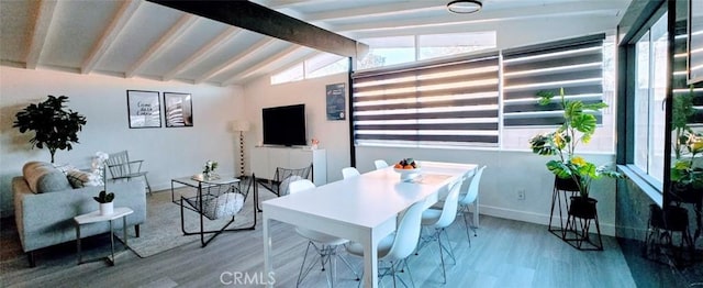 interior space featuring lofted ceiling with beams and wood-type flooring