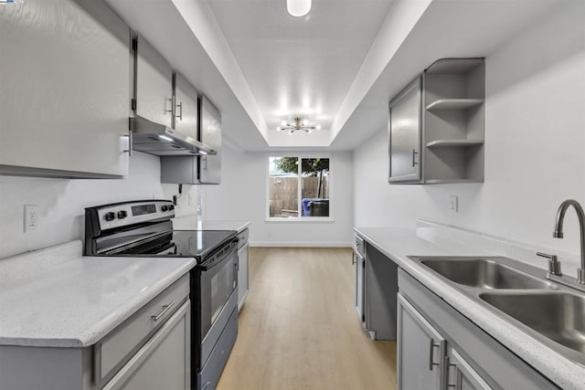 kitchen featuring gray cabinets, a raised ceiling, sink, stainless steel appliances, and light hardwood / wood-style flooring