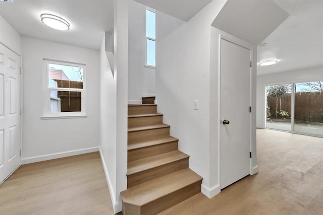 stairs with hardwood / wood-style floors and a healthy amount of sunlight