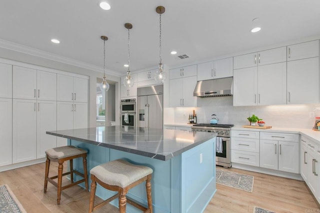 kitchen with a center island, high quality appliances, light hardwood / wood-style floors, white cabinets, and a kitchen bar