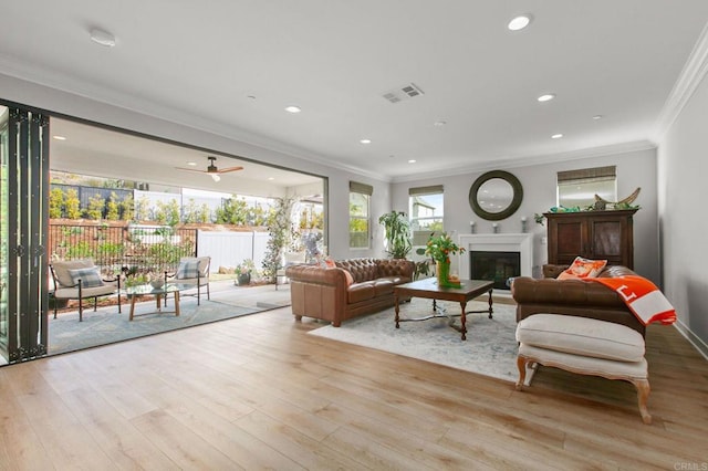 living room with ornamental molding and light hardwood / wood-style flooring