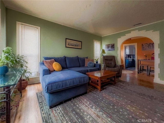 living room featuring hardwood / wood-style floors and ornamental molding