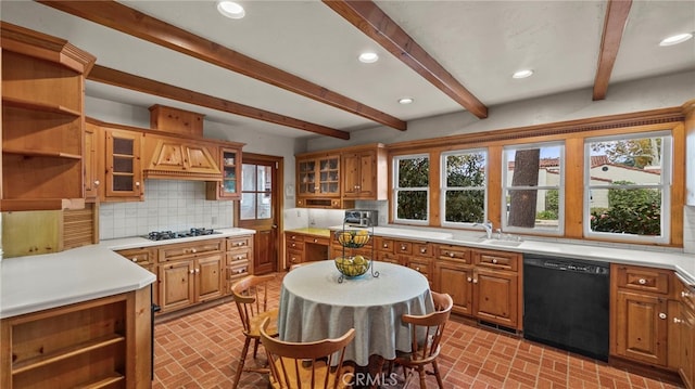 kitchen with tasteful backsplash, sink, black appliances, and beamed ceiling