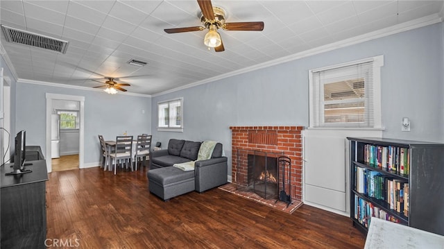 living room featuring a fireplace, plenty of natural light, dark hardwood / wood-style floors, and ornamental molding