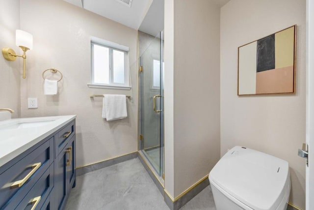 bathroom featuring vanity, concrete floors, an enclosed shower, and toilet