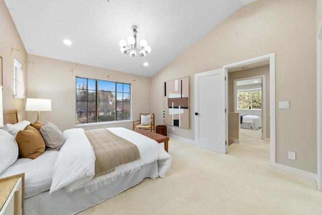 carpeted bedroom featuring lofted ceiling and a notable chandelier