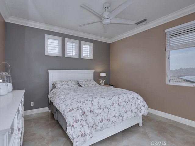 bedroom featuring ceiling fan and ornamental molding