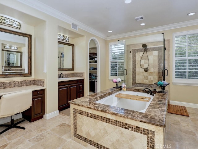 bathroom featuring vanity, crown molding, independent shower and bath, and decorative backsplash