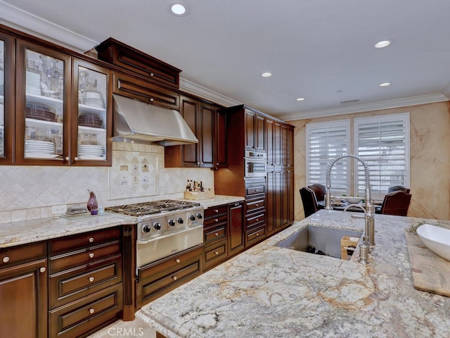 kitchen with ventilation hood, sink, light stone counters, and stainless steel appliances