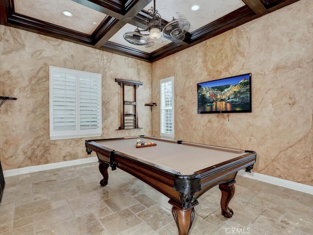 playroom featuring coffered ceiling, beam ceiling, billiards, and crown molding