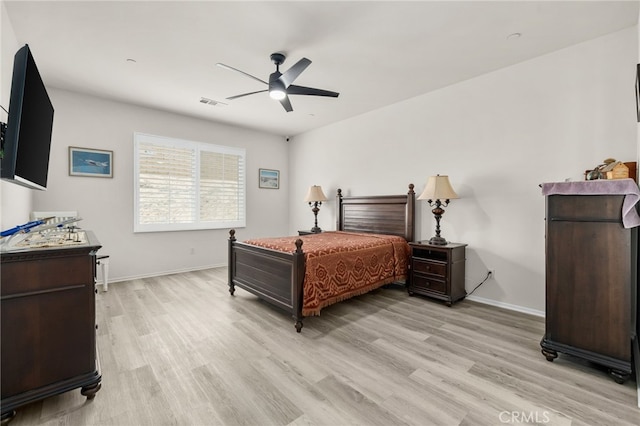 bedroom with visible vents, ceiling fan, baseboards, and light wood-style floors