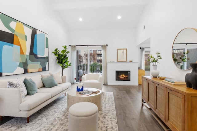 living room with high vaulted ceiling and hardwood / wood-style floors