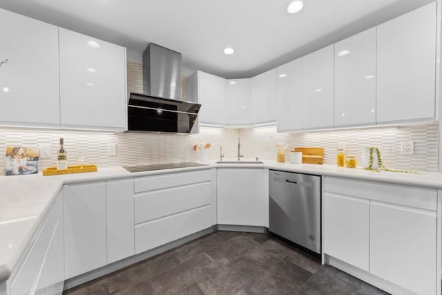 kitchen featuring sink, white cabinetry, black electric cooktop, dishwasher, and wall chimney range hood