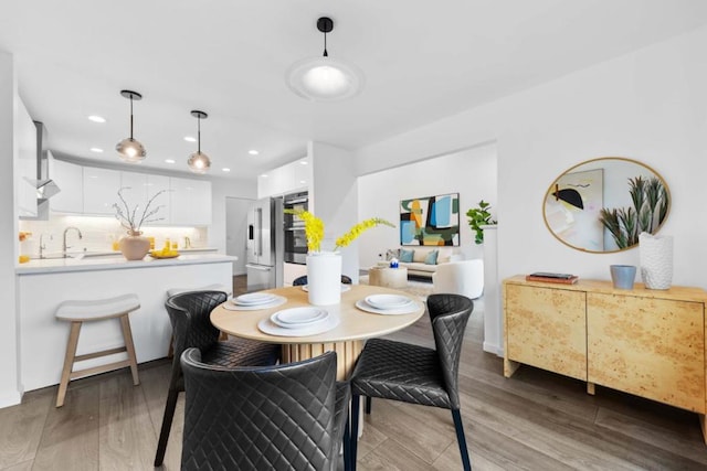 dining room featuring dark wood-type flooring and sink