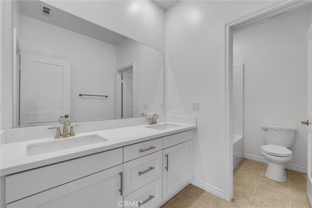 bathroom with vanity, toilet, and tile patterned flooring