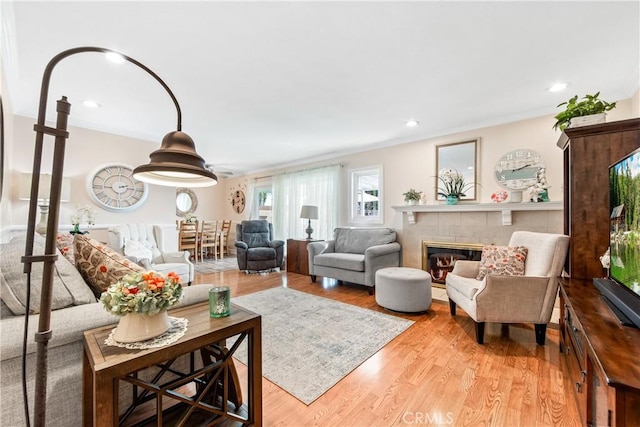 living room featuring light hardwood / wood-style floors and a fireplace