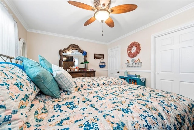 bedroom with ceiling fan and ornamental molding