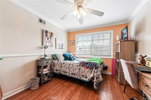 bedroom featuring ceiling fan, dark hardwood / wood-style floors, and ornamental molding