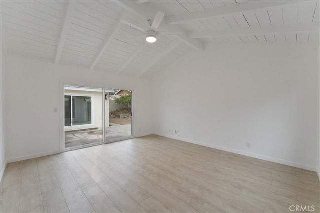 unfurnished living room featuring vaulted ceiling with beams, ceiling fan, wooden ceiling, and light wood-type flooring