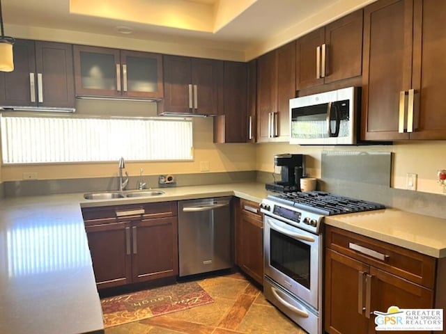 kitchen featuring appliances with stainless steel finishes, sink, dark brown cabinets, and a tray ceiling