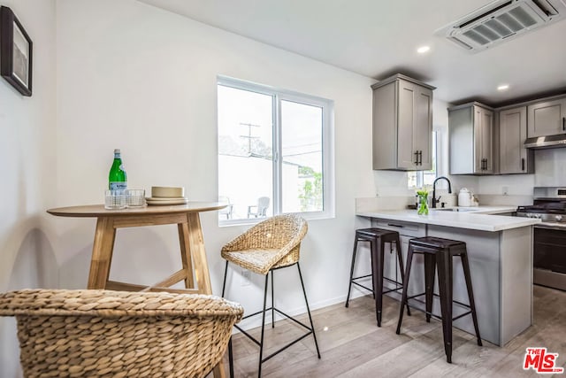 kitchen with a kitchen bar, sink, kitchen peninsula, gray cabinets, and stainless steel electric stove