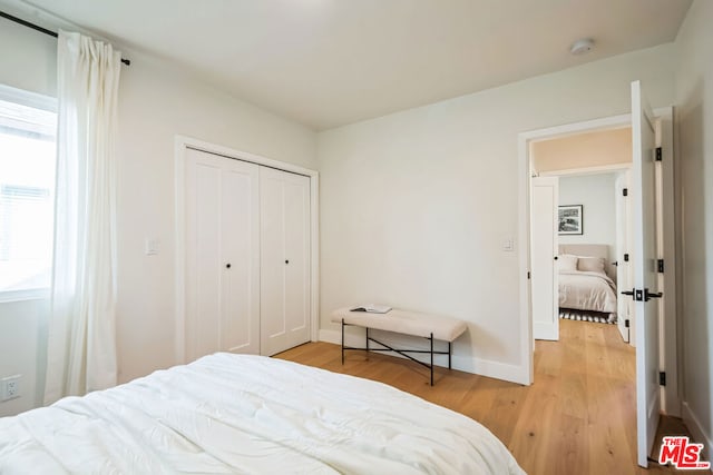 bedroom featuring light hardwood / wood-style floors and a closet