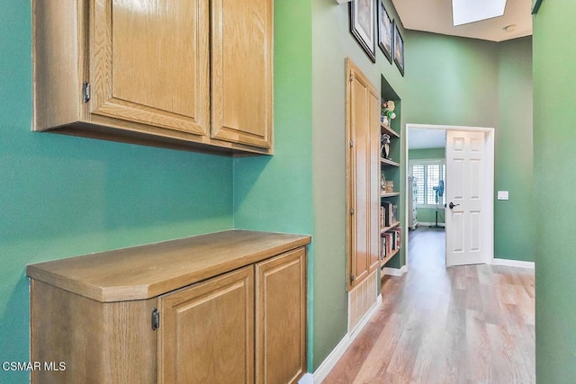 hallway with a skylight and light hardwood / wood-style flooring