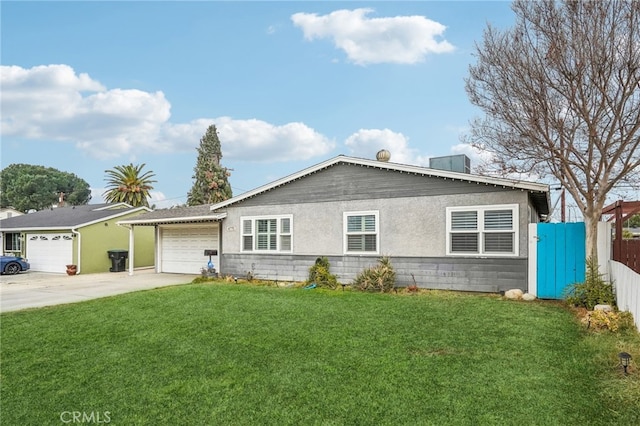 ranch-style house with a garage, a front lawn, and central air condition unit