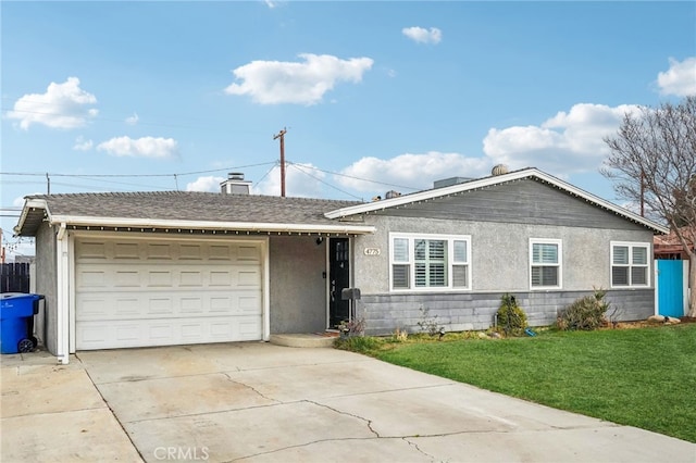 single story home with a garage and a front yard