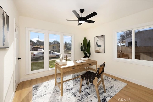 home office with ceiling fan and light hardwood / wood-style floors