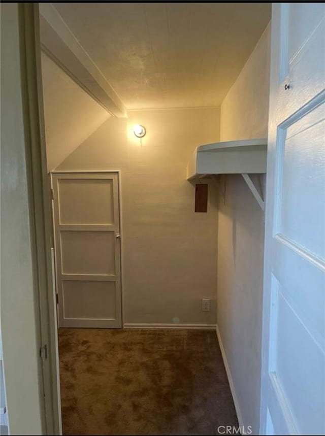 spacious closet featuring vaulted ceiling with beams and dark colored carpet