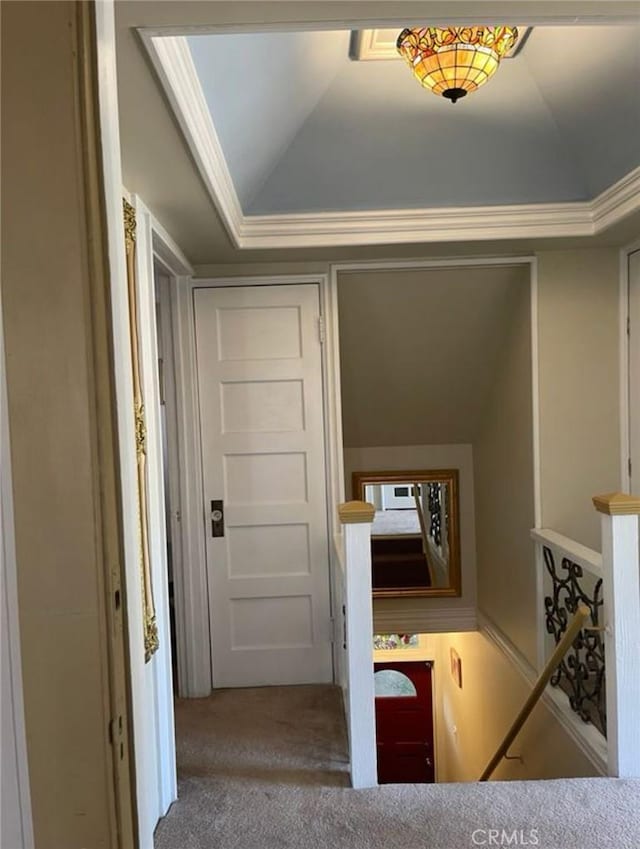 hall featuring vaulted ceiling, carpet flooring, and ornamental molding