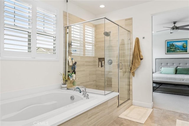 bathroom featuring separate shower and tub, tile patterned floors, and ceiling fan