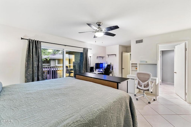 tiled bedroom featuring access to outside and ceiling fan