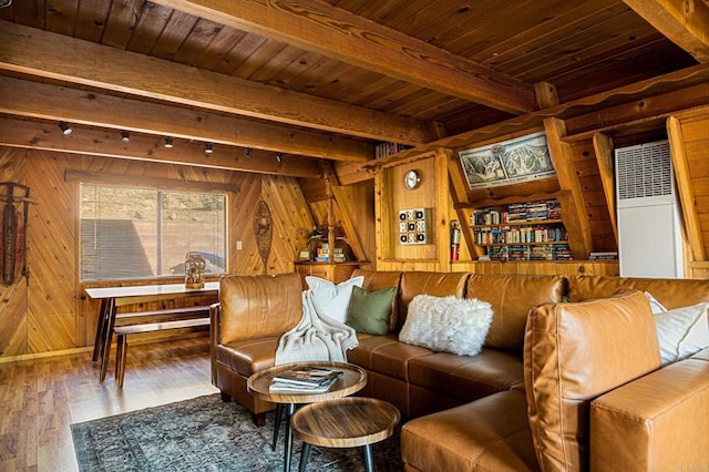 living room with beamed ceiling, wood-type flooring, wooden ceiling, and wood walls